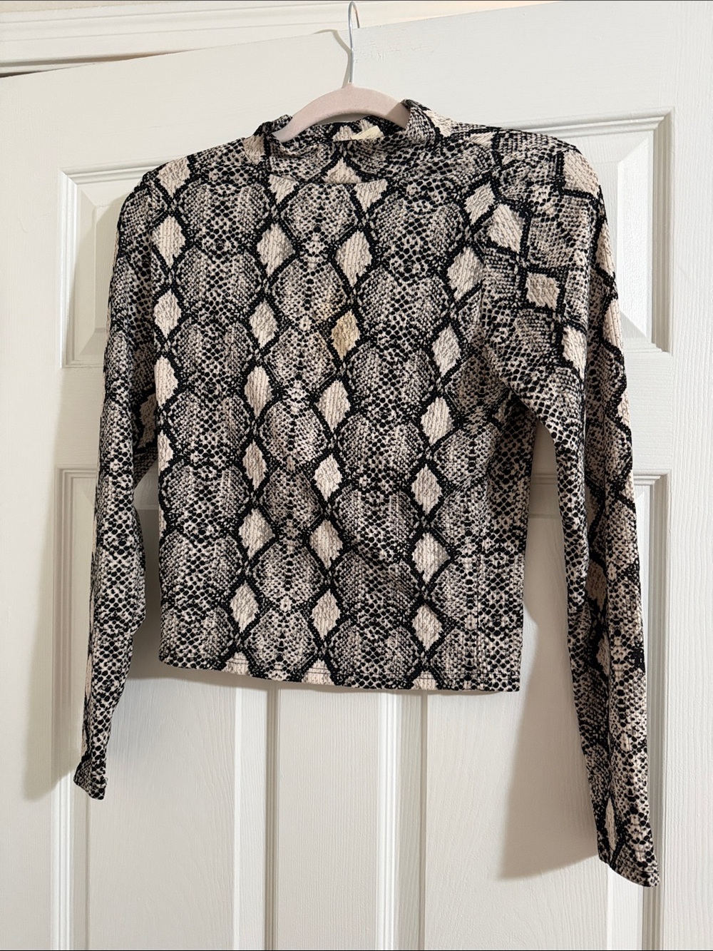 Caution To The Wind Snake-Print Mock Neck Long Sleeve Top in Black and White